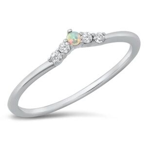Sterling Silver Lab Opal Ring – Dainty 3mm Accent with Clear CZ